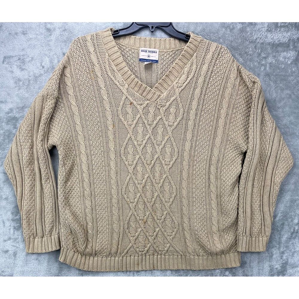 VTG High Sierra Men's Sweater Large‎ Cotton Beige Knit 90s Y2K Chunky V-Neck